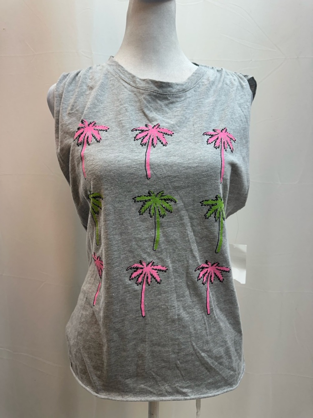 PST Los Angeles Grey Palm-Print Sleeveless Tank with Pink & Green Palms S NWTS